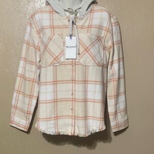 33. Wallflower size M Cream & Peach Plaid Hooded Button-Down Shirt Raw Hem NWT